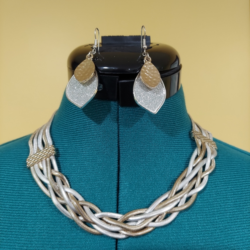 Two-Toned Braided Snake Chain Necklace and Teardrop Earrings Set
